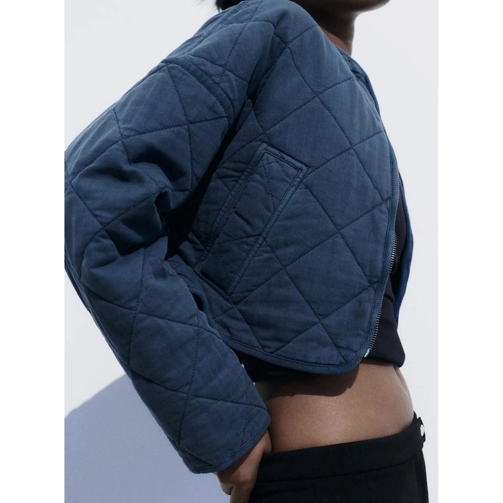 Zara Quilted Jacket Blue Cropped Utilitarian Copenhagen Gorpcore Military - Picture 9 of 9